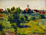 Béla Balla, Pohľad na dedinu s kostolom, okolo 1940, olej na kartóne