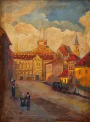 Nedeľné popoludnie v starom meste by H. Dahl, okolo 1950, olej na plátne, sold Mar 2009