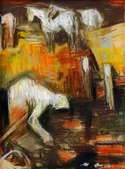 Mária Medvecká, Zber zemiakov, okolo 1980, pastel na papieri