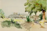 Pohľad na Bratislavu od Petržalky by Želmíra Duchajová-Švehlová, okolo 1940, akvarel na papieri, sold Dec 2008
