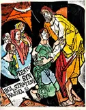 Vincent Hložník, Návrat strateného syna, 1990, farebný drevorez na papieri