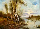 Jazierko s bocianmi by Béla Adalbert Kornél Von Spányi, okolo 1910, olej na plátne, sold Dec 2008