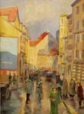 V meste by Paul Fischer, 1930, olej na papieri, lisované na dreve, sold Dec 2008