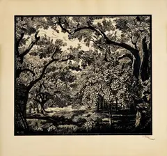 Karel Vik, V záhrade, 1920-21, drevoryt na papieri