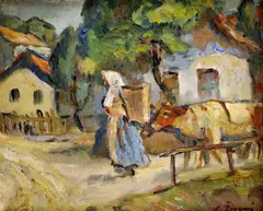 Žena s kravami by Vincent Živný, okolo 1930, olej na kartóne, sold Dec 2008