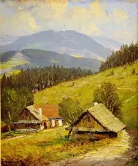 Antonín Hajdůček, Chalupy na Konečnej, 1957, olej na kartóne