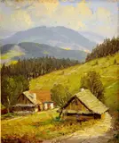 Antonín Hajdůček, Chalupy na Konečnej, 1957, olej na kartóne