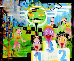Erik Binder, Športovo-Fajčiarsky-Biblický motív, 2008, kombinová technika na plátne