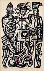 Róber Dúbravec, Strážcovia a obrancovia ostatných liet, 1974, farebný linoleorez na papieri (8/200)