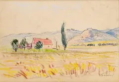 Jozef Fabini, Samota pod kopcom, okolo 1970, farebné ceruzy na papieri