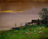Pri jazierku by Nándor Katona, okolo 1910, olej na kartóne, sold Oct 2008