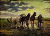 Ede Lengyel-Rheinfuss, Napájanie koní, okolo 1910, olej na plátne