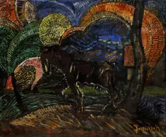 Anton Jasusch, Alegorická kompozícia, okolo 1914, olej na preglejke dublované na dreve