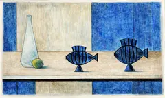 Ladislav Guderna, Zátišie s fľašou a rybičkami, 1963, pastel, kombinácia kresbových techník na papieri