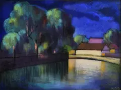 Dávid Jándy, Domy pri jazere, okolo 1920, pastel na papieri