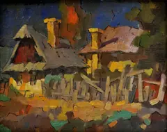 Oszkár Nagy, V dedine, okolo 1940, olej na preglejke