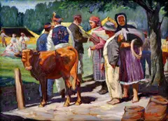 Theodore Bechnik, Trhy v Starej Turej, okolo 1940, olej na preglejke
