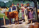 Theodore Bechnik, Trhy v Starej Turej, okolo 1940, olej na preglejke