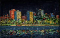 Nové domy by Vladimír Vestenický, 1976, olej na kartóne, sold Jun 2008