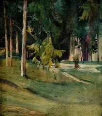 Vnútro lesa so ženskou postavou by Ľudovít Csordák, okolo 1900, akvarel na kartóne, sold Jun 2008