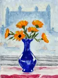 Zátišie s kyticou a Bratislavským hradom by Ernest Zmeták, okolo 1999, olej na dreve, sold Jun 2008