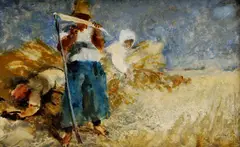 István Szőnyi, V žatve, okolo 1920, tempera, gvaš na dreve