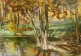 Edita Spannerová, Lesná krajina s jazierkom, okolo 1970, pastel na papieri