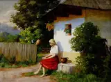 Géza Szontágh, Sediaca na priedomí, okolo 1880, olej na plátne
