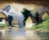 Chalupy pri vode by Eugen Szepsi Kuszka, okolo 1912, olej na preglejke, sold Mar 2008