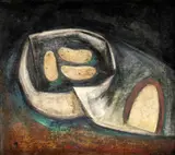 František Studený, Tri zemiačky, kúsok chleba, 1943, olej na kartóne