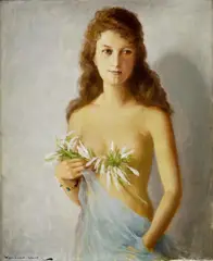 Ženský poloakt s kvetom by Endre Komáromi-katz, okolo 1920, olej na plátne, sold Mar 2008