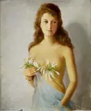 Endre Komáromi-katz, Ženský poloakt s kvetom, okolo 1920, olej na plátne