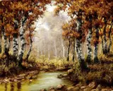 Brezový les s jazierkom by László Neogrády, okolo 1930, olej na plátne, sold Mar 2008