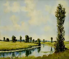 F. Lender, Krajina s riekou, 1950, olej na plátne