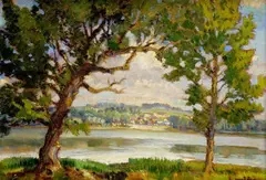 Pohľad na Hlohovec by Cyril Jančálek, okolo 1925, olej na kartóne, sold Mar 2008