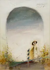 Peter Kořínek, Pohľad do budúcnosti, 1987, tempera, kombinácia techník na papieri