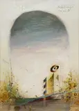 Peter Kořínek, Pohľad do budúcnosti, 1987, tempera, kombinácia techník na papieri