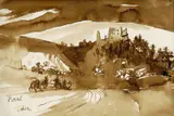 Jozef Fabini, Hrad Plaveč, okolo 1960, hnedý tuš na papieri