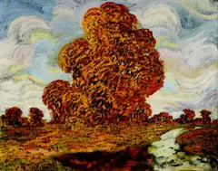 Anton Jasusch, Jesenná krajina s riečkou, okolo 1913-14, olej na kartóne