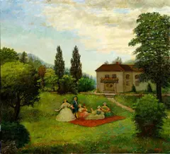Andor Dudits, Galantná scéna v parku, okolo 1920, olej na plátne