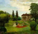 Andor Dudits, Galantná scéna v parku, okolo 1920, olej na plátne