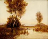 Jesenná krajina s bocianmi by Béla Kornel Adalbert Von Spányi, okolo 1880, olej na plátne, sold Nov 2007
