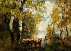 Ignác Ujváry, Pastierka kráv (Na okraji lesa), okolo 1910, olej na dreve