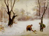 Dvaja poľovníci v zime by Antal Neogrády, okolo 1920, olej na plátne, sold Nov 2007