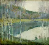 Alexander Ždanovskij, Jazero so stromami, okolo 1920, olej na kartóne