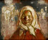 Žena z Oravy by Mária Medvecká, okolo 1970, olej na preglejke, sold Oct 2007