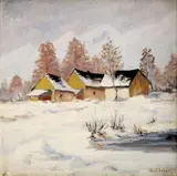 Eugen Chrien, Domy pod Gerlachom, 1950, olej na kartóne