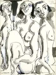 Koloman Sokol, Tri figúry, 1980, lavírovaná kresba tušom štetcom na papieri