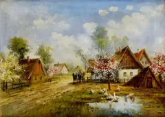 Dénes Mesterházy, Jar na dedine, okolo 1920, olej na plátne