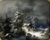 Karl Kaufmann & alias Hofman, Zimná krajina s horskou chatou a figurálnou štafážou, okolo 1890, olej na plátne